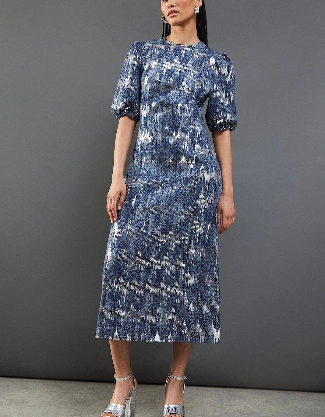 Premium Sequin Denim Fitted Puff Sleeve Midi Dress, 2 of 1