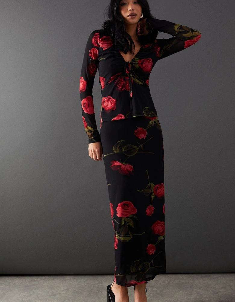 Rose Floral Mesh Bow Detail Midi Skirt