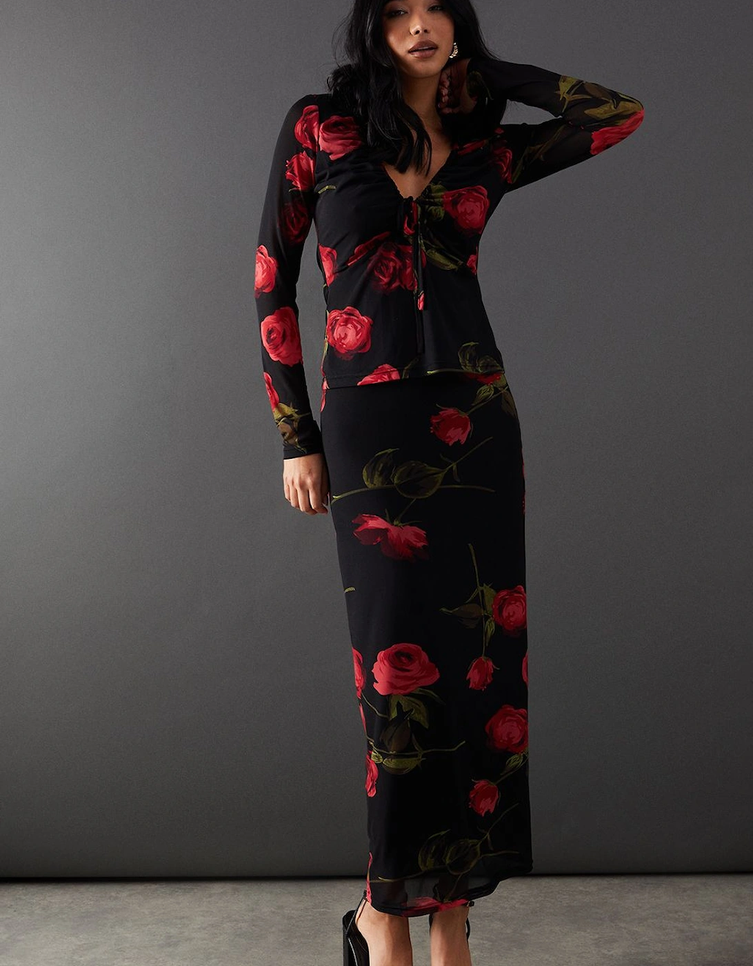 Rose Floral Mesh Bow Detail Midi Skirt, 2 of 1