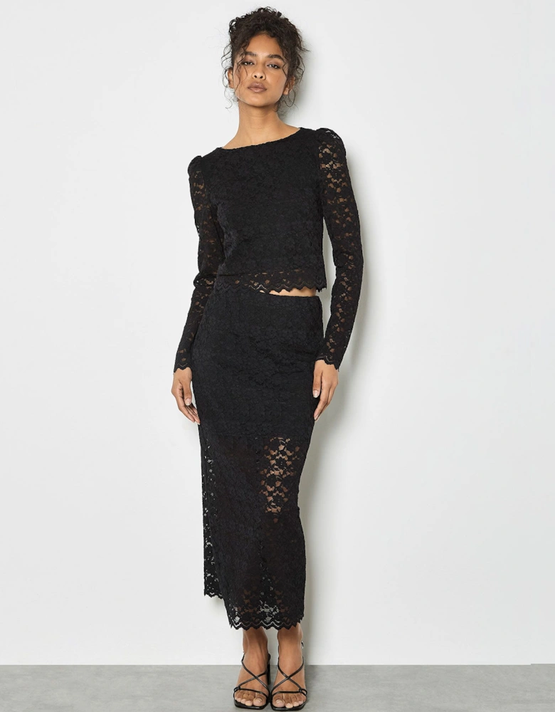 Floral Leaf Lace Midi Skirt