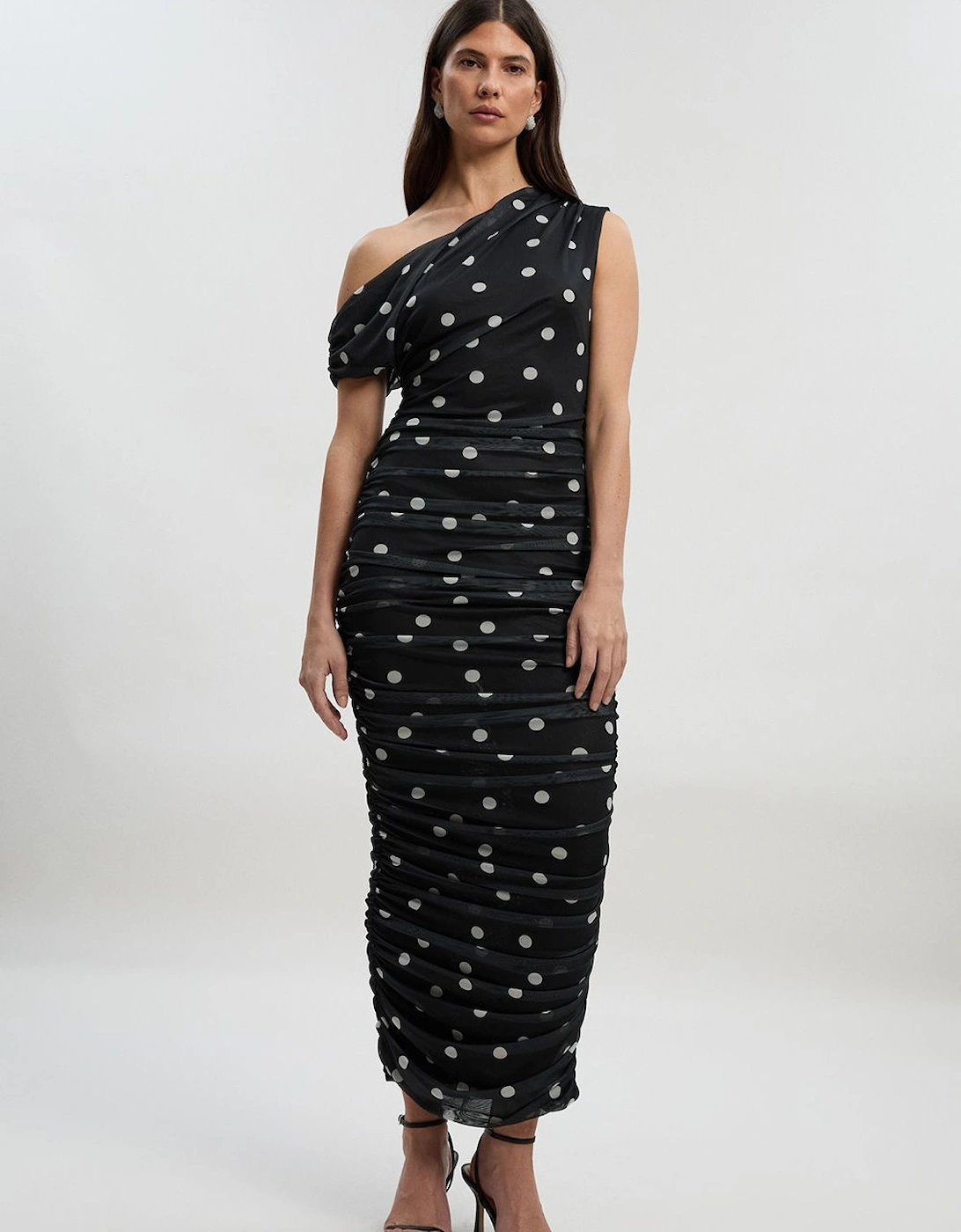 Polka Dot Mesh One Shoulder Ruched Midi Dress, 2 of 1