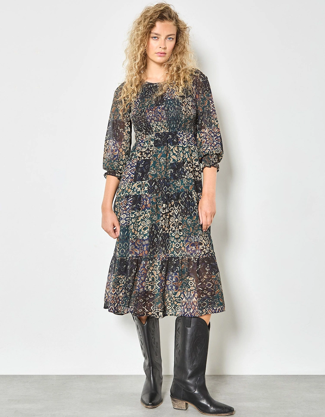Ikat Patchwork Smocked Chiffon Midi Dress, 2 of 1