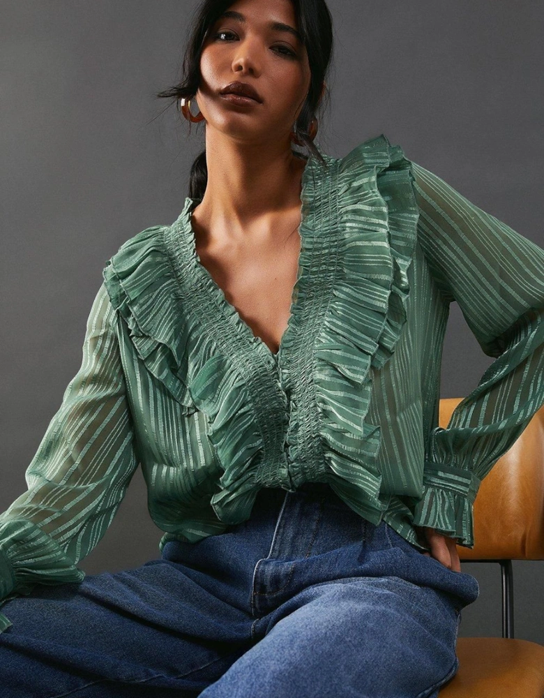 Shadow Stripe Smocking Panel Double Ruffle Blouse