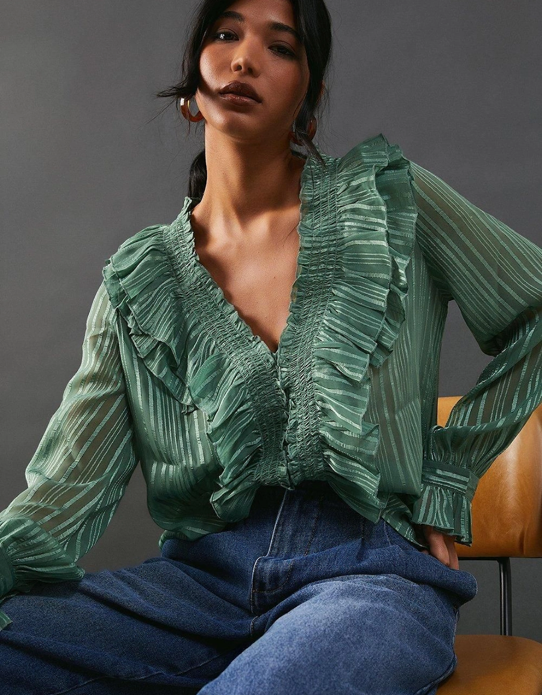 Shadow Stripe Smocking Panel Double Ruffle Blouse, 2 of 1