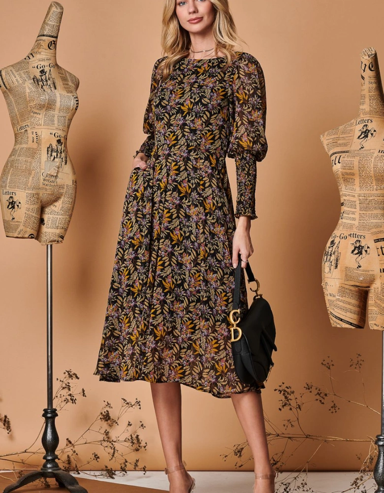 Chiffon Maxi Dress with Shirred Cuffs