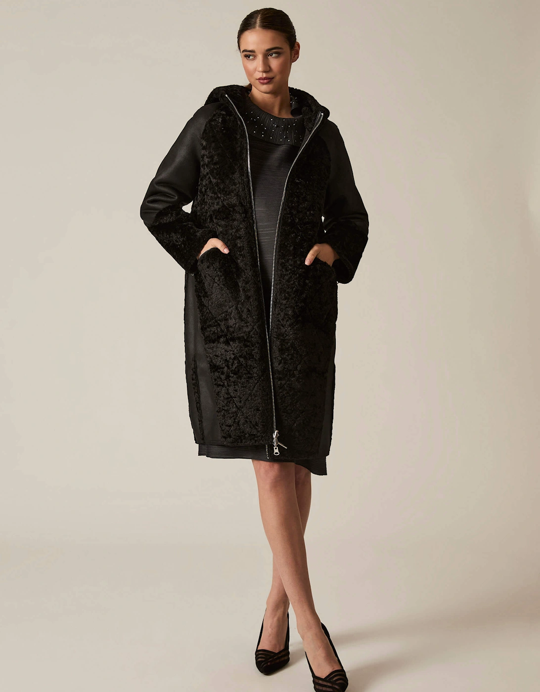 Black Reversible Faux Fur Hooded Coat