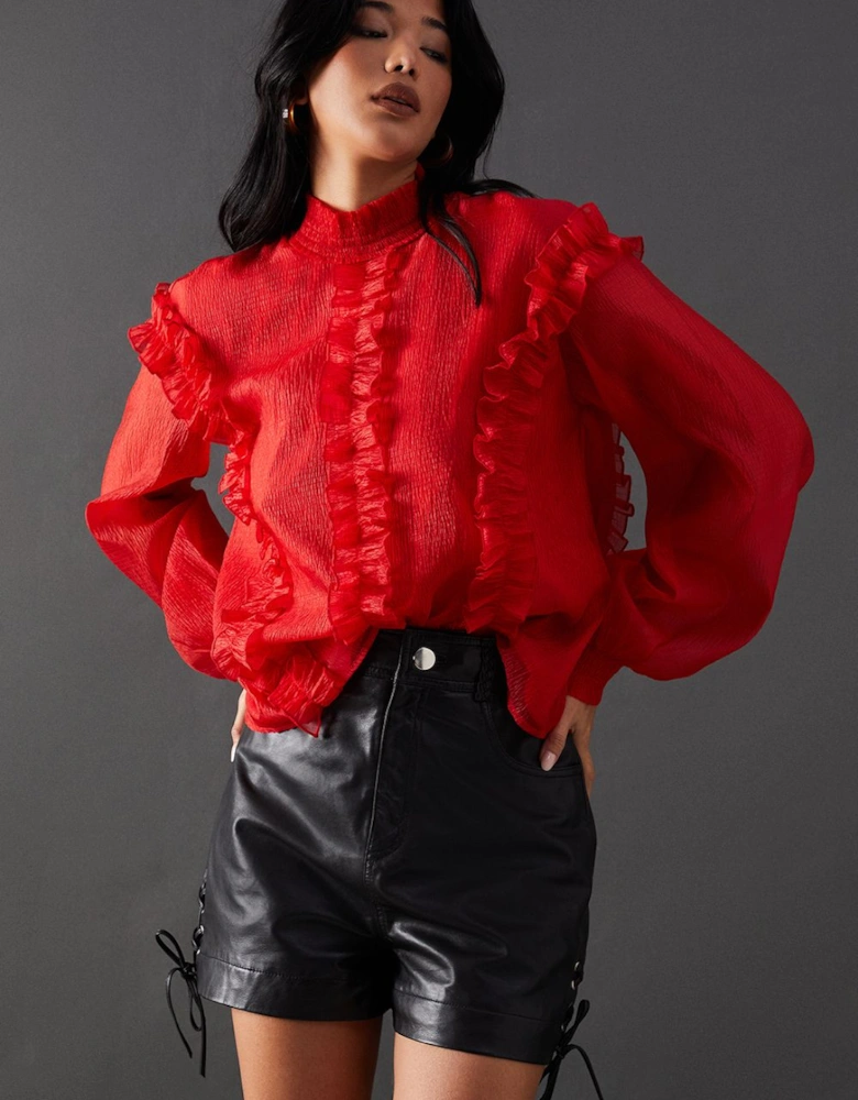 Shirred Chiffon Ruffle Detail High Neck Blouse