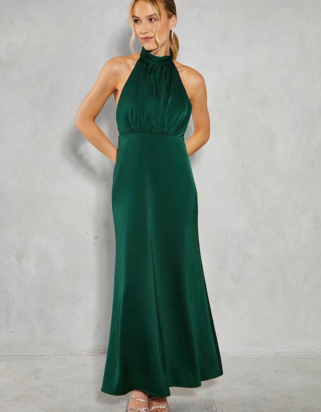 Satin Halter Bias Cut Maxi Bridesmaid Dress, 2 of 1