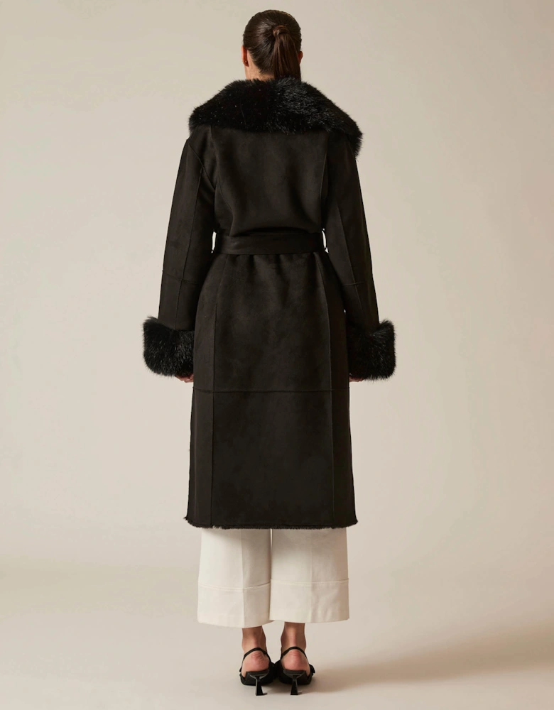 Black Faux Fur Trim Coat