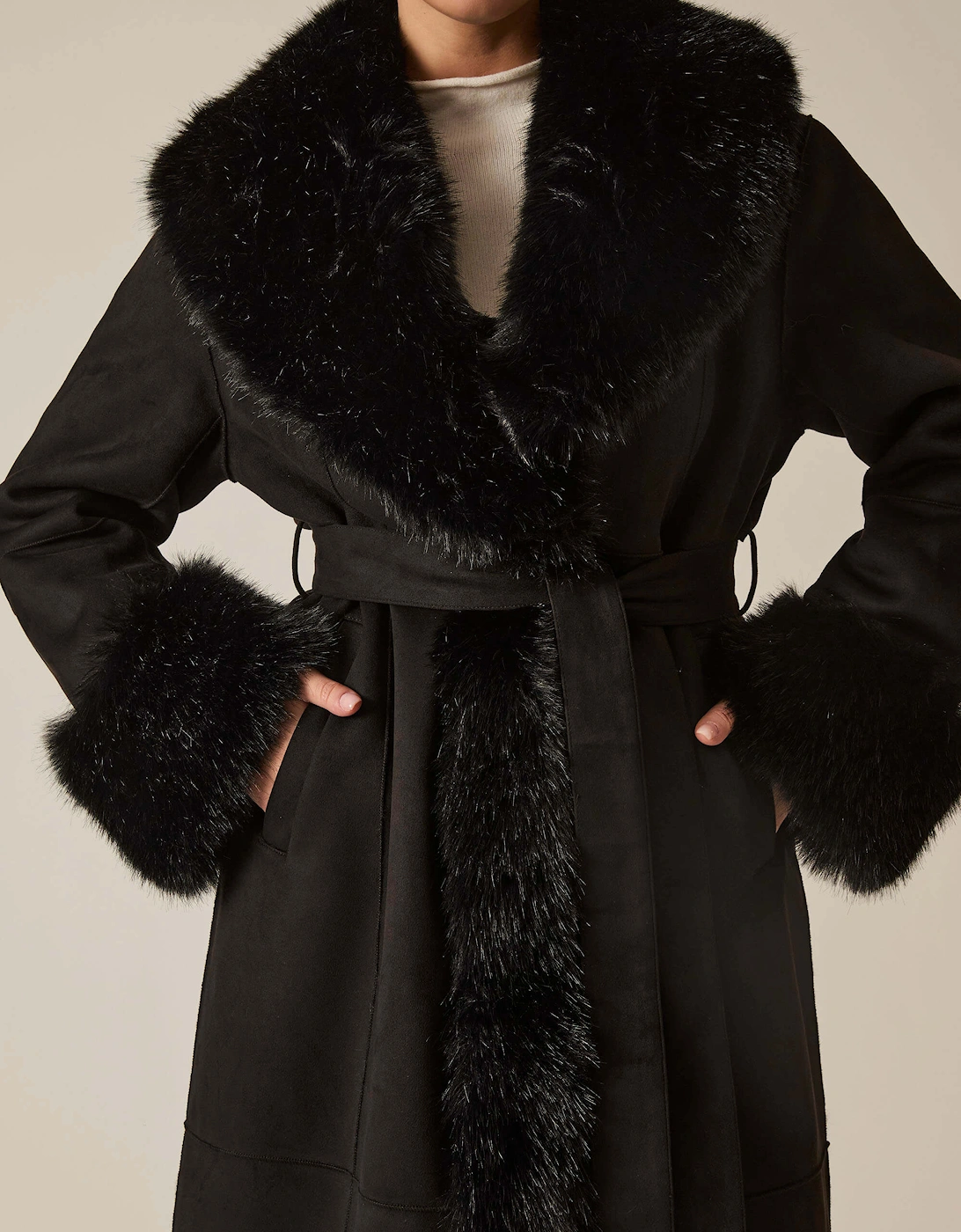 Black Faux Fur Trim Coat