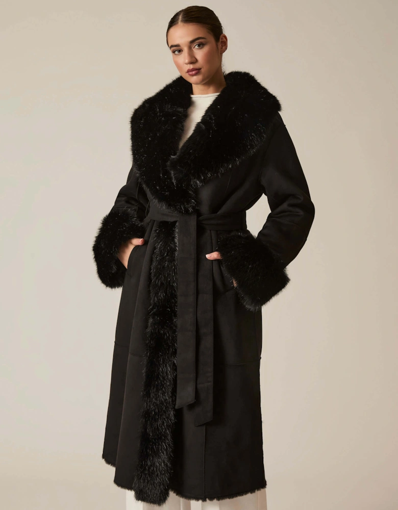 Black Faux Fur Trim Coat