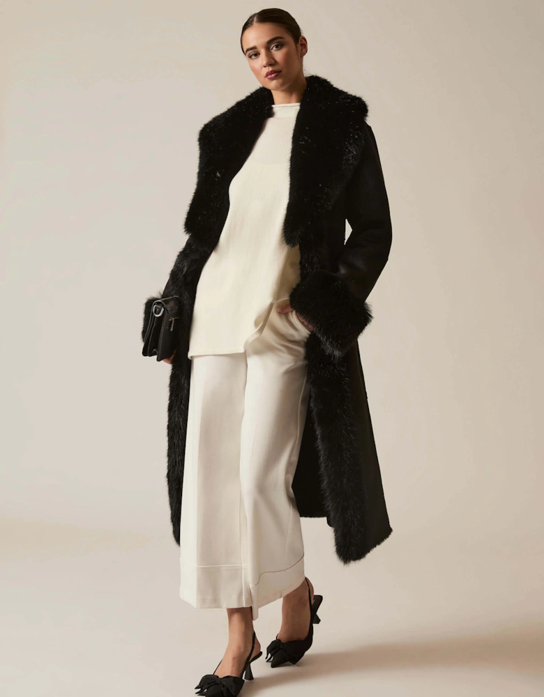 Black Faux Fur Trim Coat