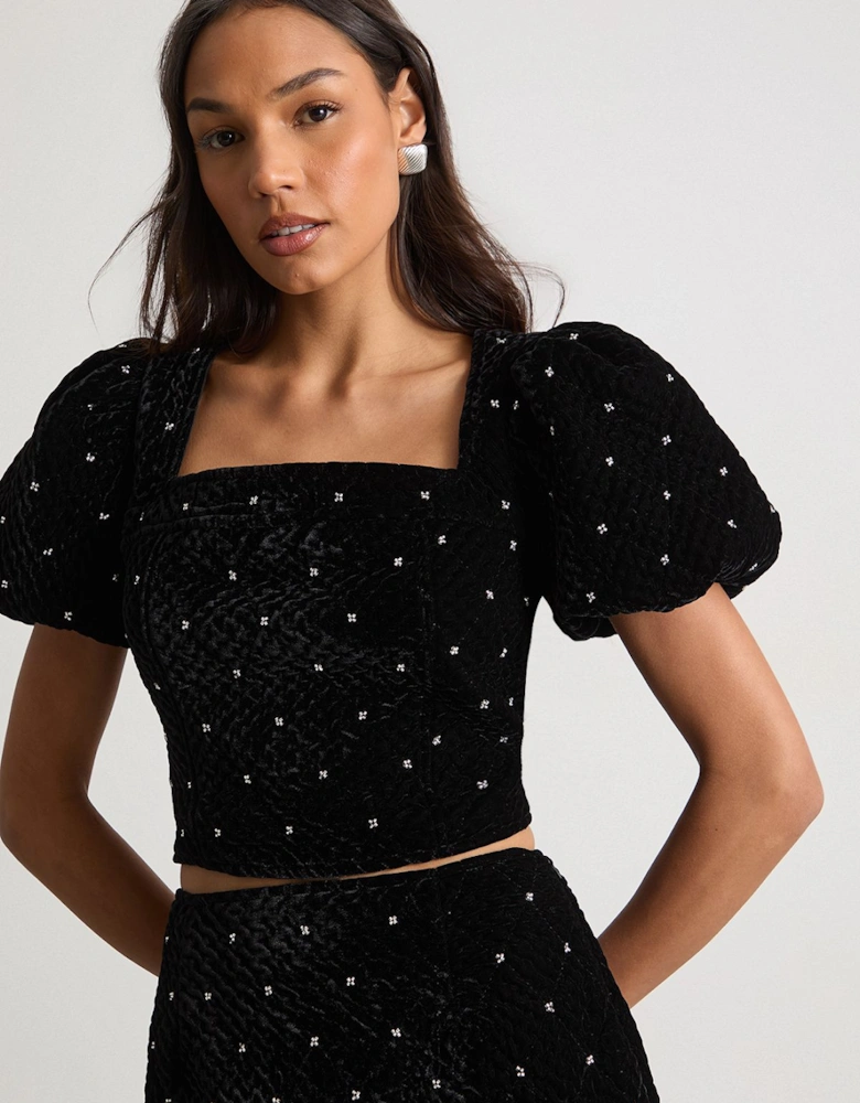 Velvet Embellished Puff Sleeve Top