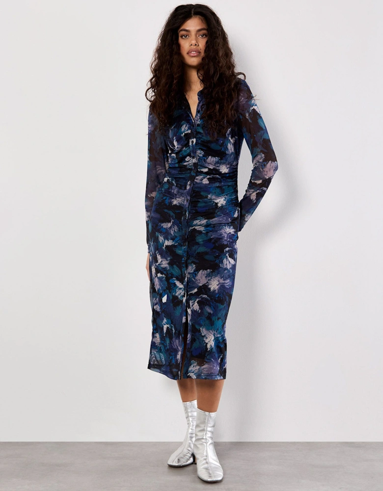 Floral Mesh Ruched Midi Dress