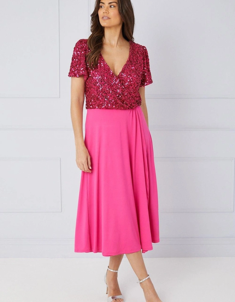 Sequin Wrap Detail Midi Dress