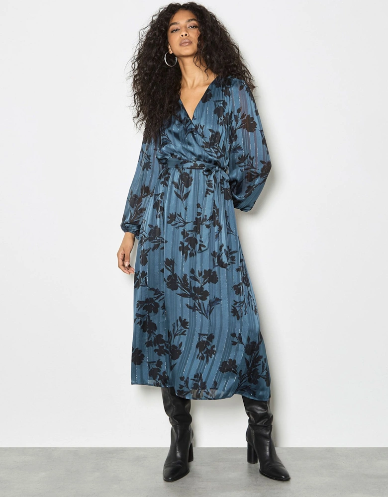 Satin Shimmer Floral Wrap Midaxi Dress