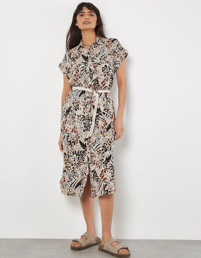 Mixed Animal Print Shirt Midi Dress