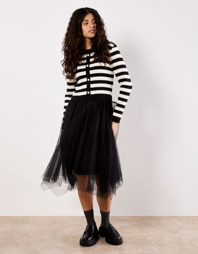 Stripe Knit Bodice Tulle Midi Dress