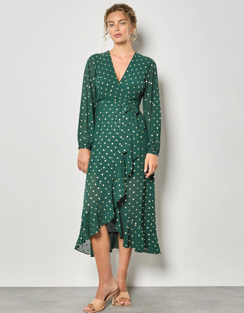 Gold Foil Polka Dot Chiffon Maxi Dress