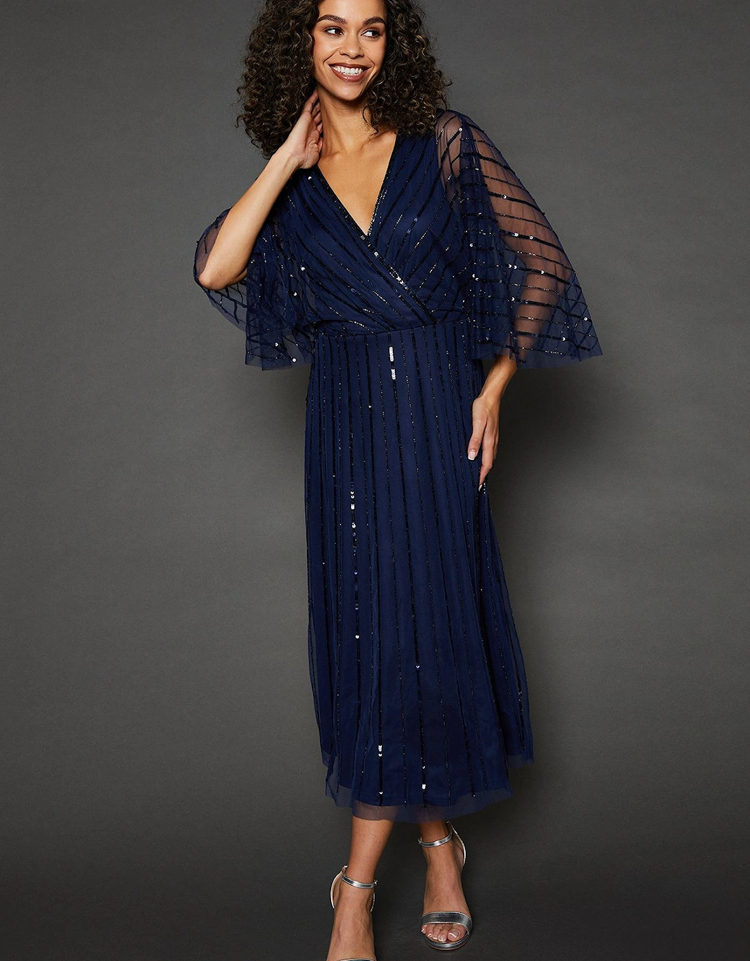 Occasion Embellished Sequin Cape Midi Dress, 2 of 1