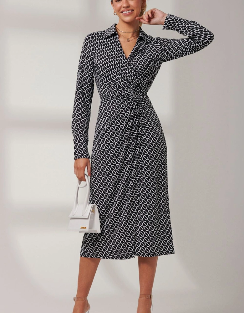 Long Sleeve Printed Jersey Shirt Dress