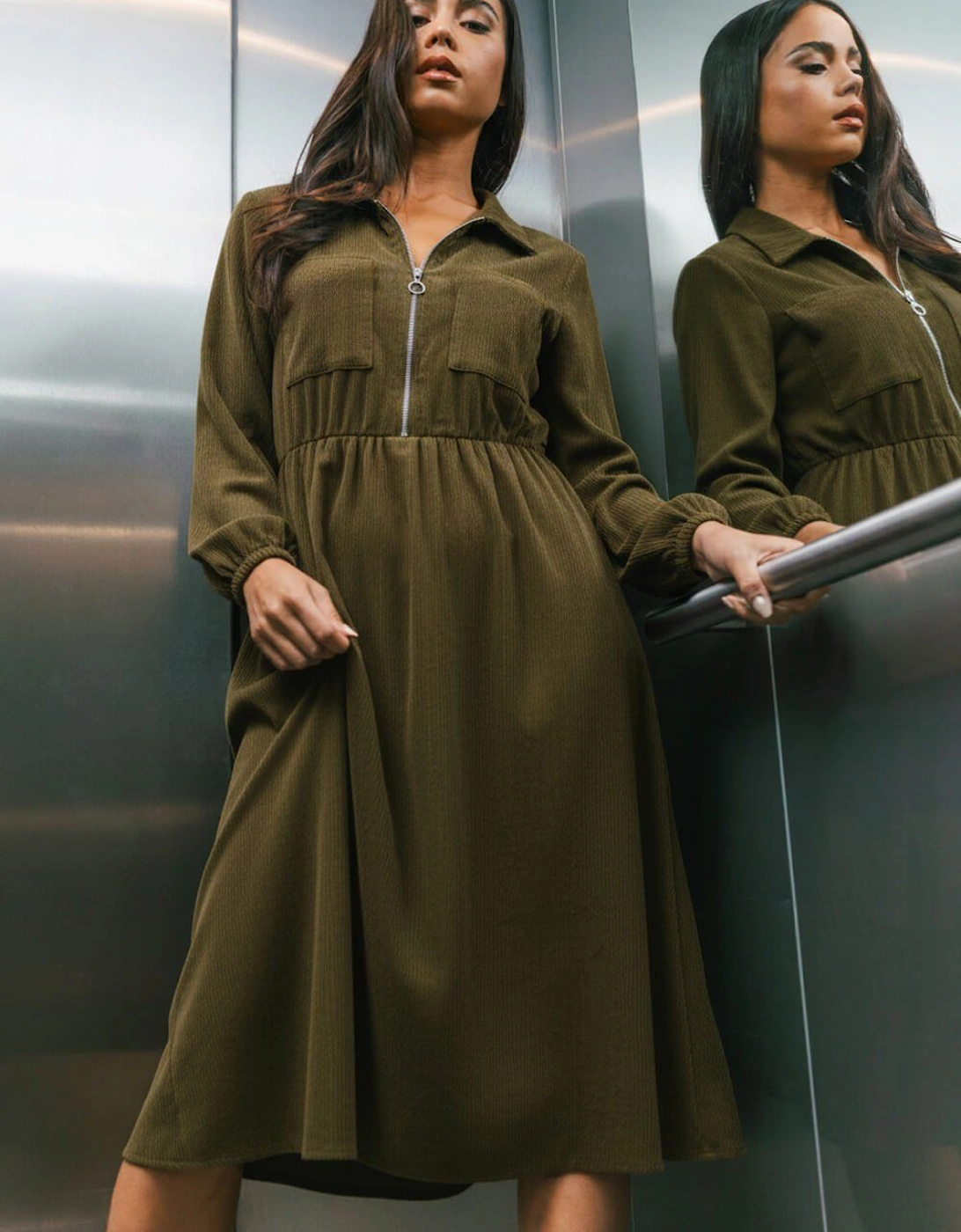 Corduroy Zip Detail Midi Dress, 2 of 1