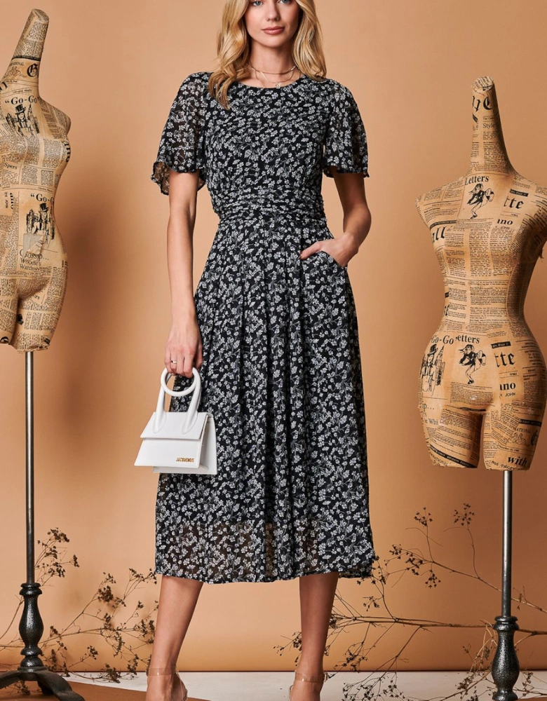 Angel Sleeve Metallic Chiffon Midi Dress