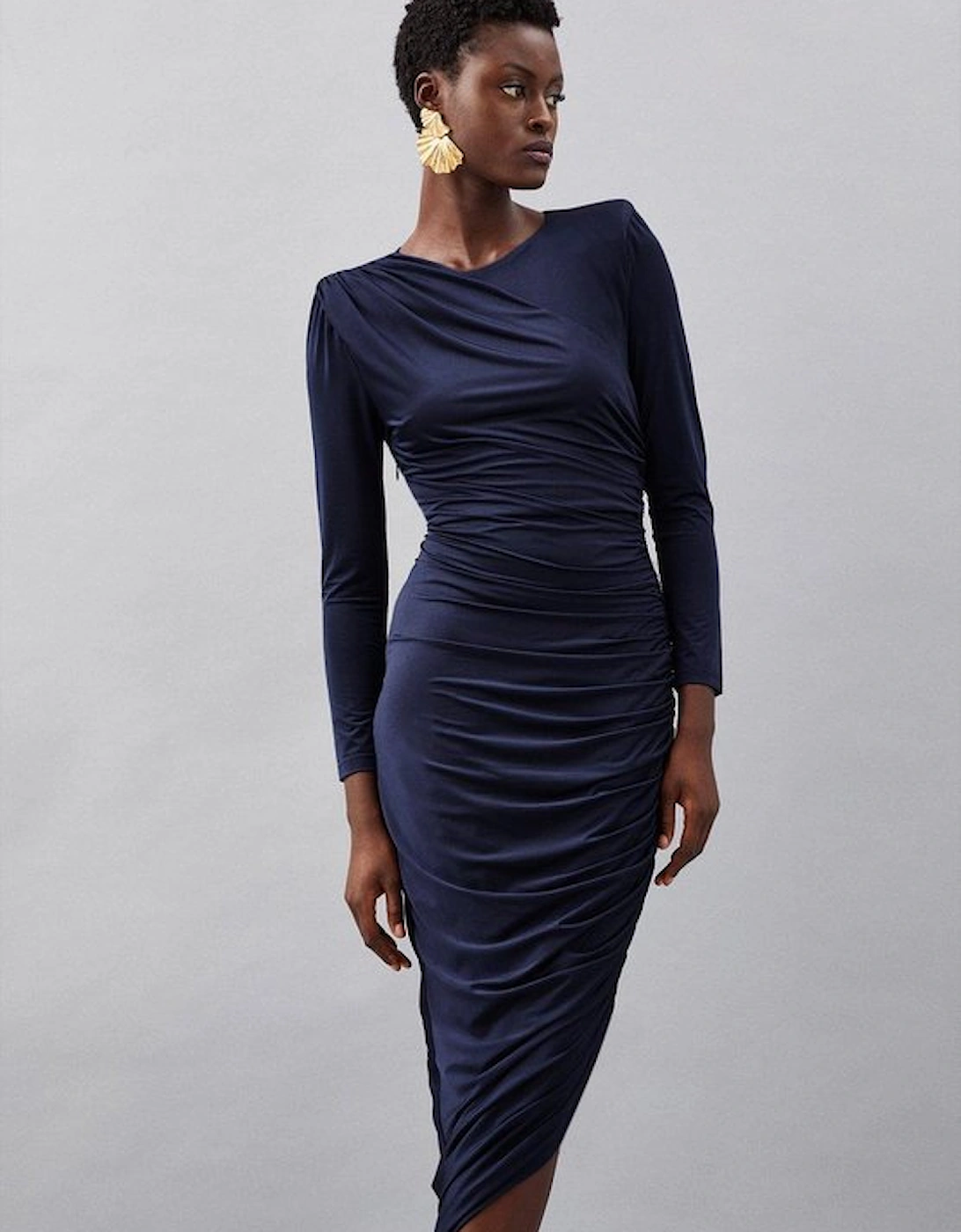 Jersey Crepe Ruched Long Sleeve Maxi Dress