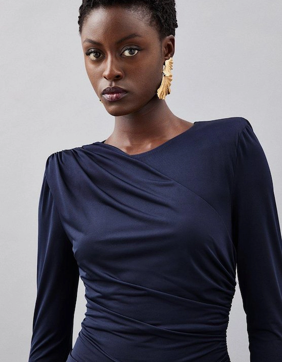 Jersey Crepe Ruched Long Sleeve Maxi Dress