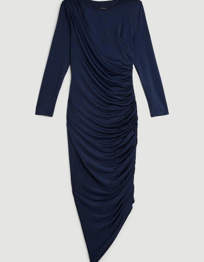 Jersey Crepe Ruched Long Sleeve Maxi Dress