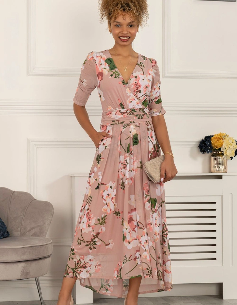 Gavina Ruched Sleeve Mesh Maxi Dress