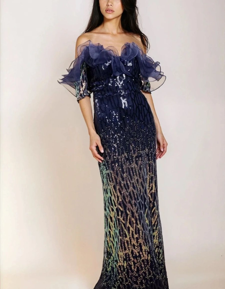 Navy Sequin Maxi Dress with Ruffle Neckline