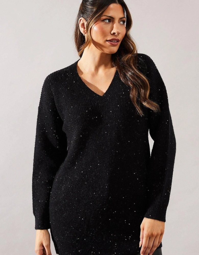 Sequin Knit V Neck Knitted Tunic Dress