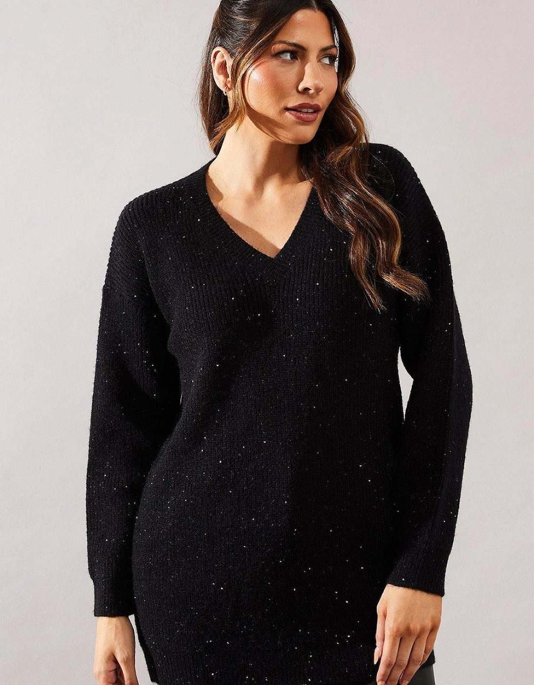 Sequin Knit V Neck Knitted Tunic Dress, 2 of 1