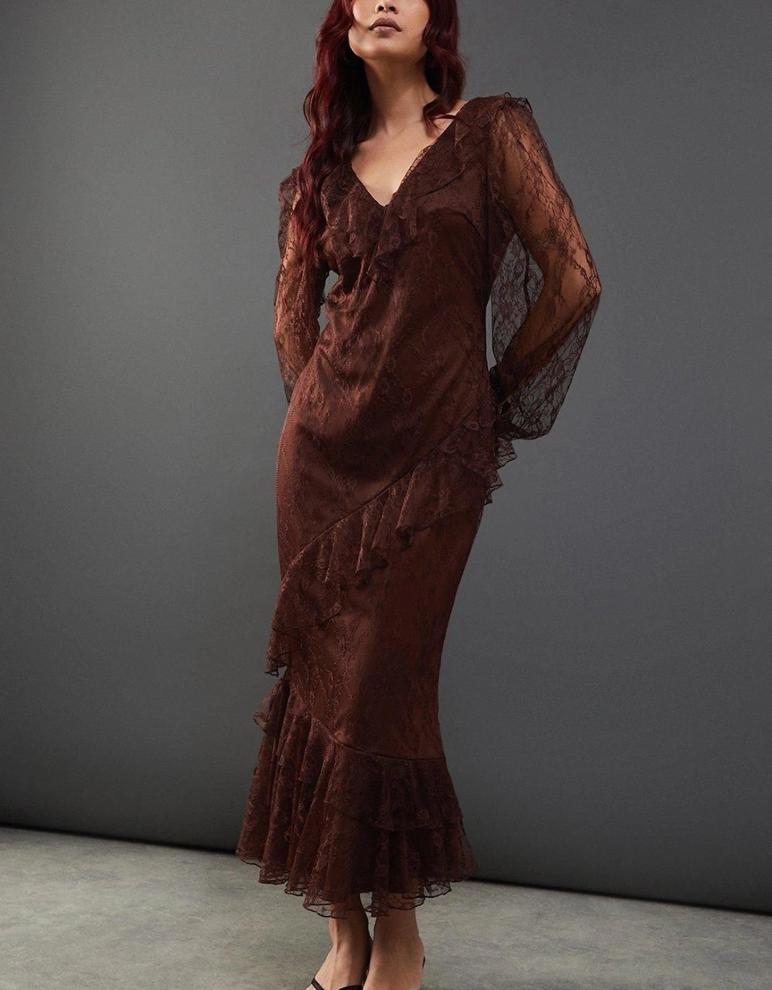 Lace V Neck Ruffle Midi Dress, 2 of 1