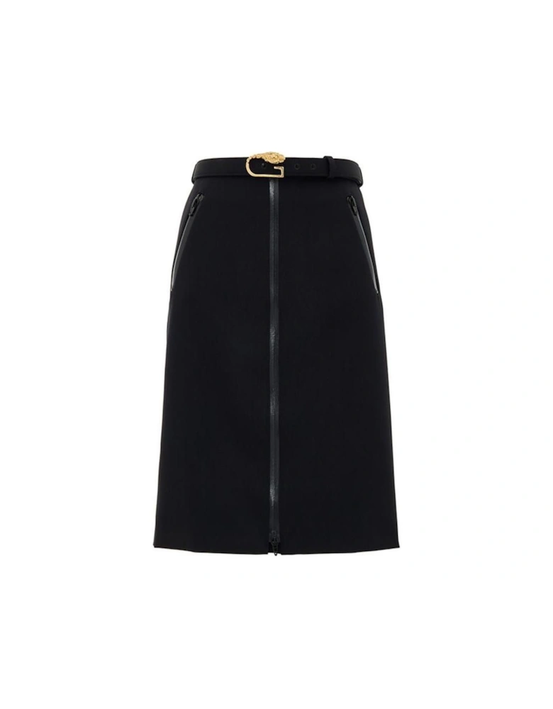 Wool Skirt with Removable Belt and Central Zip  - Black