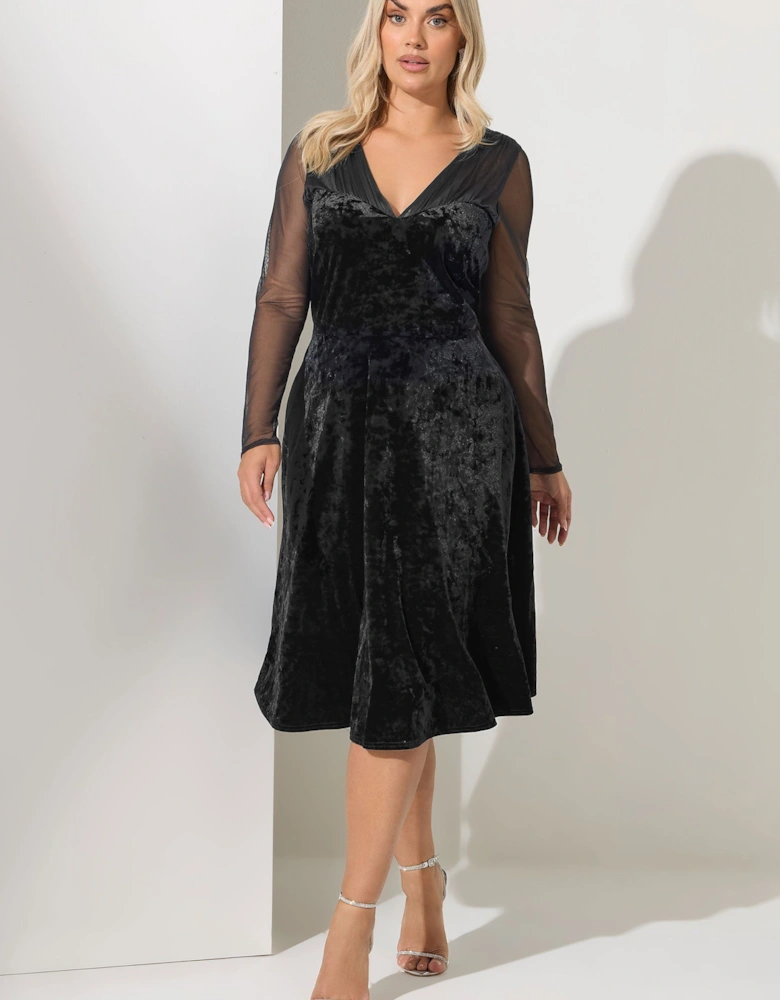 Velvet Mesh Sleeve Skater Dress
