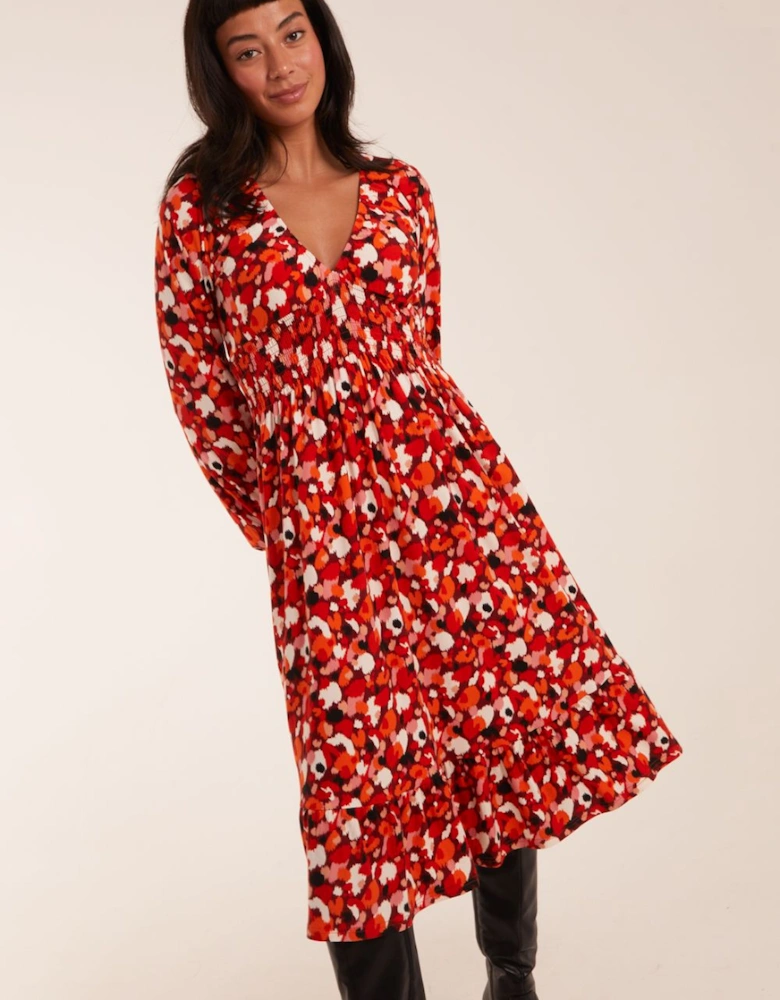 V Neck Shirred Waist Midi Dress