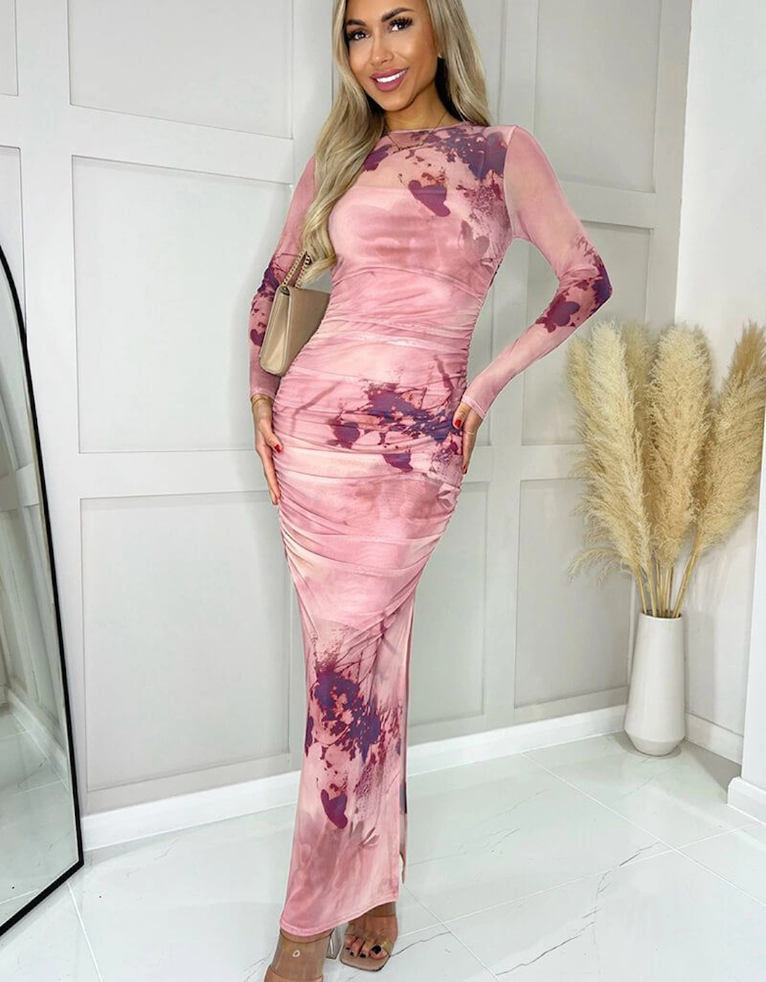 Blush Printed Mesh Overlay Long Sleeve Bodycon Midi Dress, 2 of 1