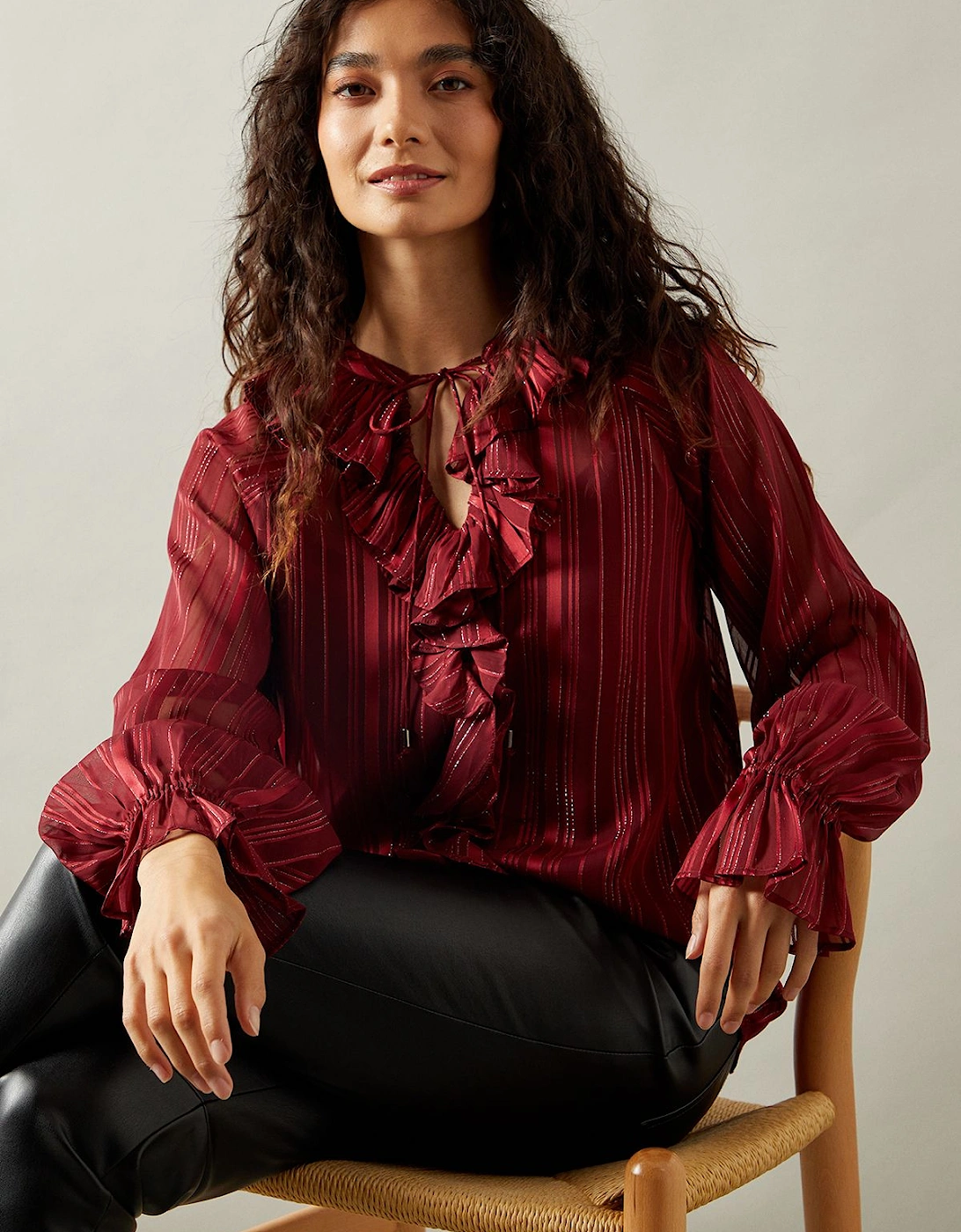 Occasion Ruffle Tie Neck Metallic Blouse, 2 of 1