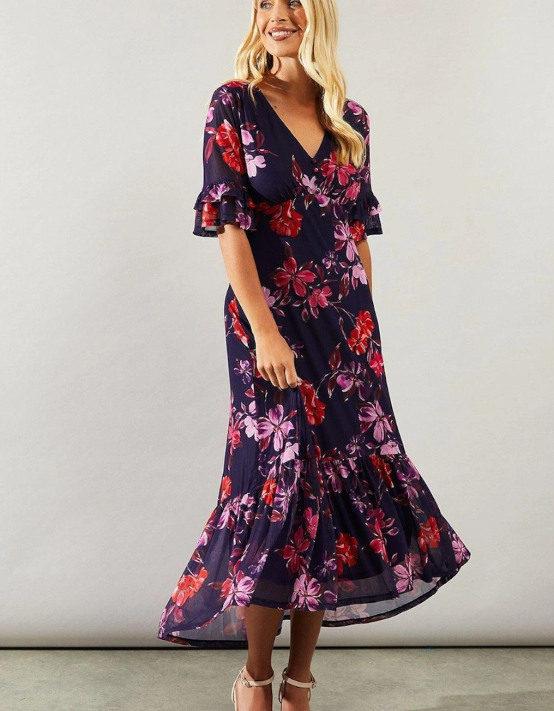 Petite Floral Mesh Ruffle Sleeve Midaxi Dress