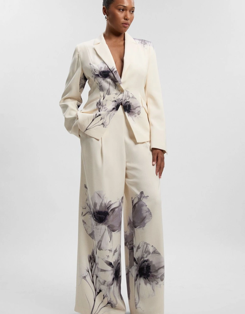 Plus Size Floral Placement Tailored Crepe Pleat Printed Detail Wide Leg Trousers