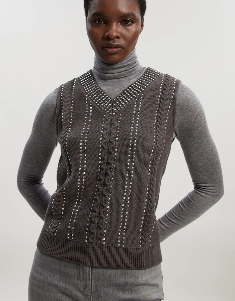 Embellished Hotfix V Neck Knit Tank