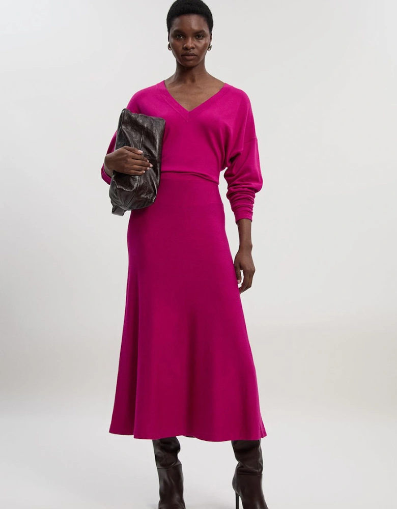 Viscose Blend V Neck Knit Midi Dress