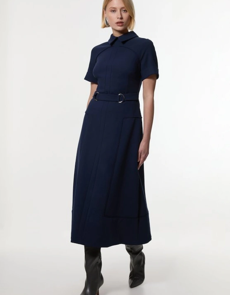 Compact Stretch Tab Detail Full Skirted Midi Dress