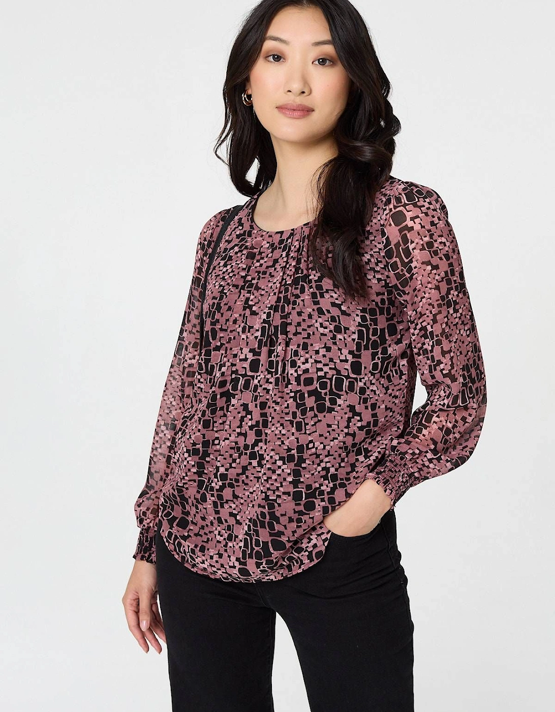 Printed Ruched Semi Sheer Blouse, 2 of 1