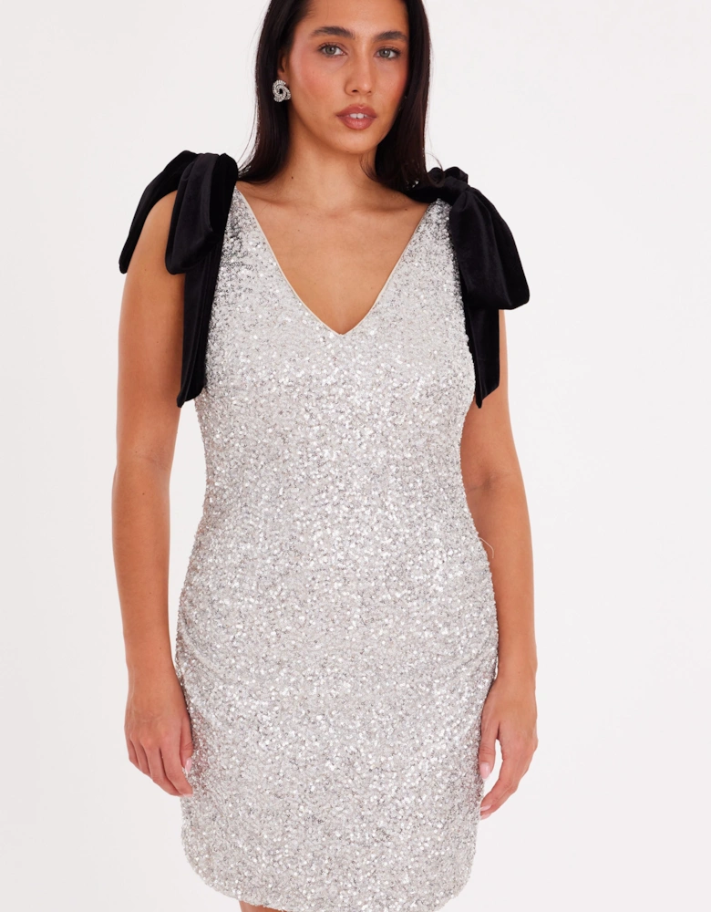 Off White Sequin Bow Detail Mini Dress