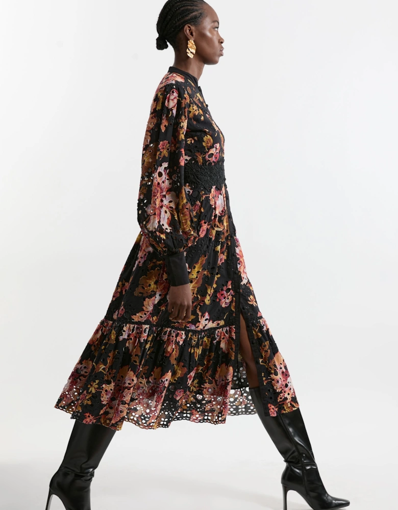 Petite Printed Broderie Woven Midi Dress With Guipure Trim