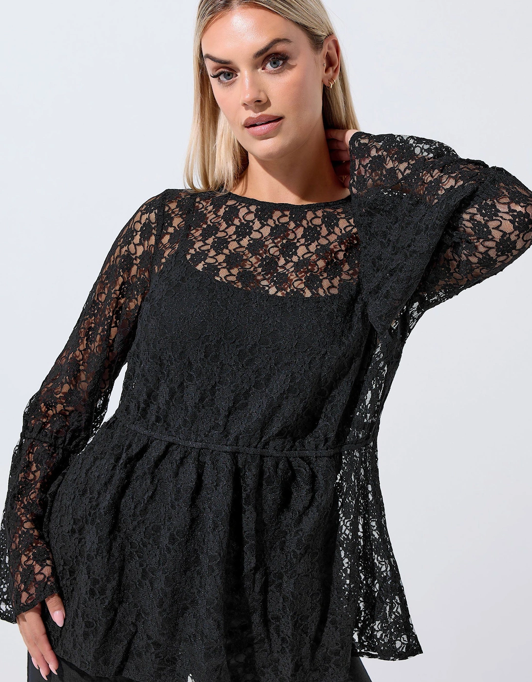 Lace Flare Sleeve Peplum Top, 2 of 1