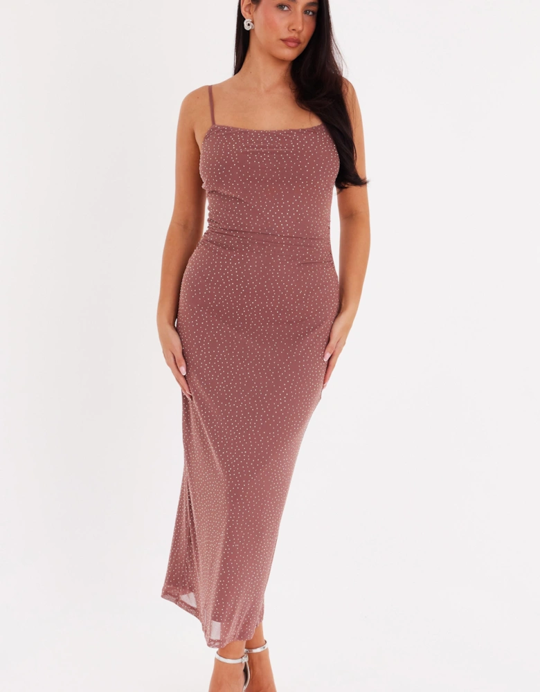 Dark Brown Mesh Diamante Maxi Dress